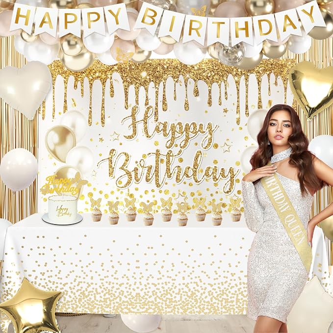 Gold Birthday Party Decorations White and Gold Birthday Decorations for Women Girls with Beige Cream Balloon Arch Sash Golden Tablecloth Banner Backdrop Cake Topper