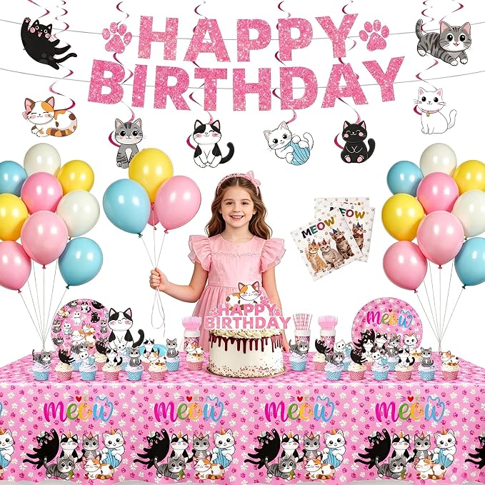 206PCS Cat Party Supplies Set - Complete Cat Themed Birthday Party Decorations with Plates, Cups, Napkins, Tablecloth, Honeycomb Centerpieces,Banner & Balloon and Hanging Swirls