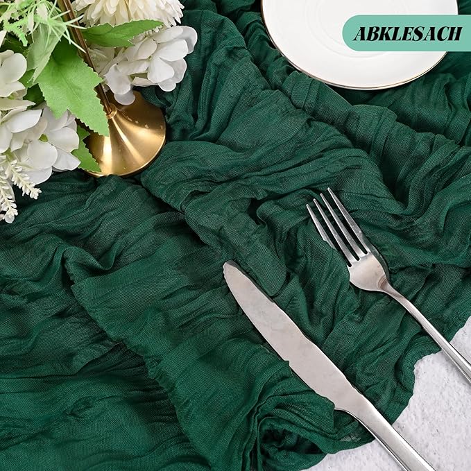 12 Pack Emerald Green Cheesecloth Table Runner 120 inch Fall Thanksgiving Boho Rustic Gauze Farmhouse 10FT Cheese Cloth Runner for Baby Shower Wedding Party Holiday Home Decor