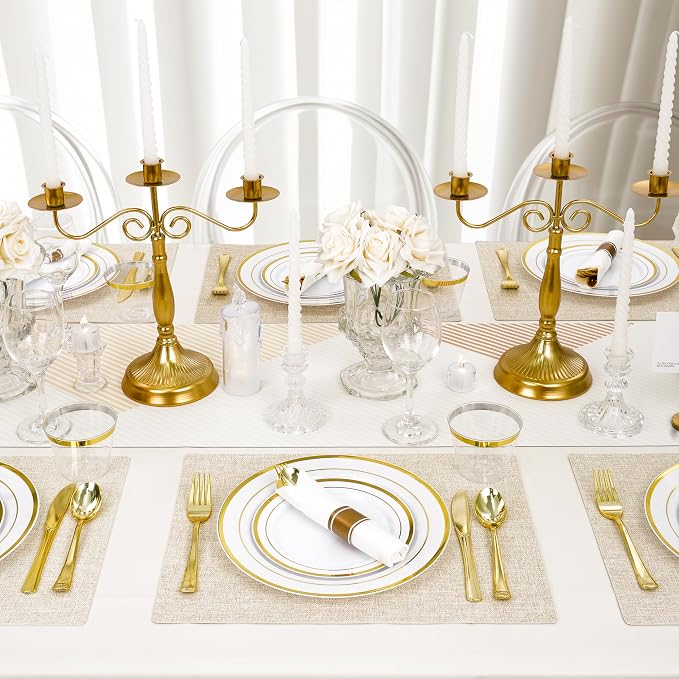175 PCS White and Gold Plastic Dinnerware Set for 25 Guests, 50 Disposable Plates for Party, 25 Pre Rolled Napkins with Gold Silverware, 25 Cups