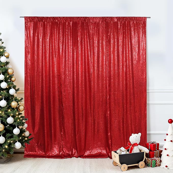 SquarePie 4x7ft Red Sequin Backdrop for Photography, Satin-Backed Real Sequin Curtain, Enhanced Coverage Shimmering Background with 4" Rod Pocket for Wedding, Birthday, Party Decor, 1 Panel