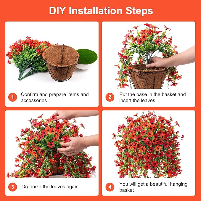 INXUGAO Artificial Hanging Flowers Plants with Basket for Outdoors, Realistic Faux Silk Daisy Flower Eucalyptus for Spring Decor, UV Resistant Fake Plants for Porch Patio Yard Balcony(Red Orange)