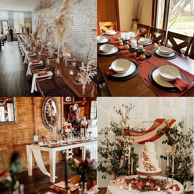 12 Pack Rose Gold Cheesecloth Table Runner 10ft Boho Gauze Cheese Cloth Table Runner Rustic Sheer Runner 120 inch Long for Christmas Wedding Bridal Baby Shower Birthday Table Decorations