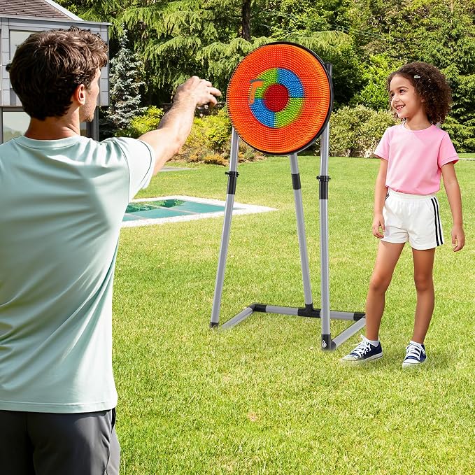 Costzon Axe Throwing Target Game for Backyard, 4 in 1 Kids Throwing Game w/5 Arrows, 3 Throwing Axes, 3 Ninja Darts, 3 Darts, Bristle Target & a Bow -Boys & Girls Indoor Outdoor Carnival Game Gifts