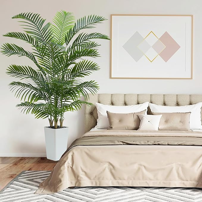Artificial Palm Tree:6FT Tropical Fake Silk Plant UV Resistant Faux Areca Palm with White Planter & Black Pebbles for Home Office Living Room Decor Indoor Patio Porch Balcony (6FT,1-Pack,White)