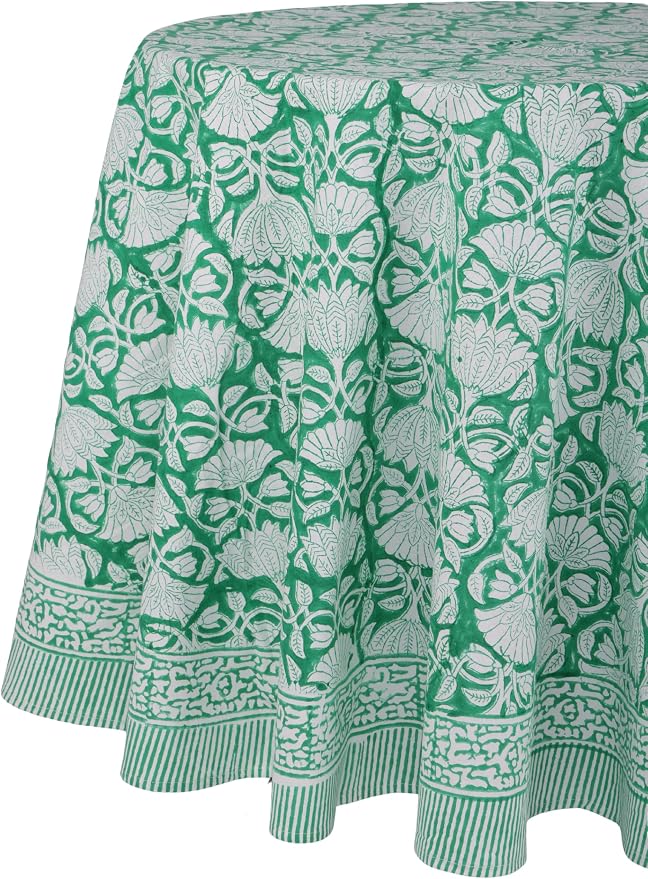ATOSII Meadow Green 100% Cotton Summer Round Tablecloth, Block Print Table Cloth for Dining, Weddings, Outdoors, Parties I Grand Millenial Farmhouse Coastal Boho Home Decor 72" Inches 4 Seater