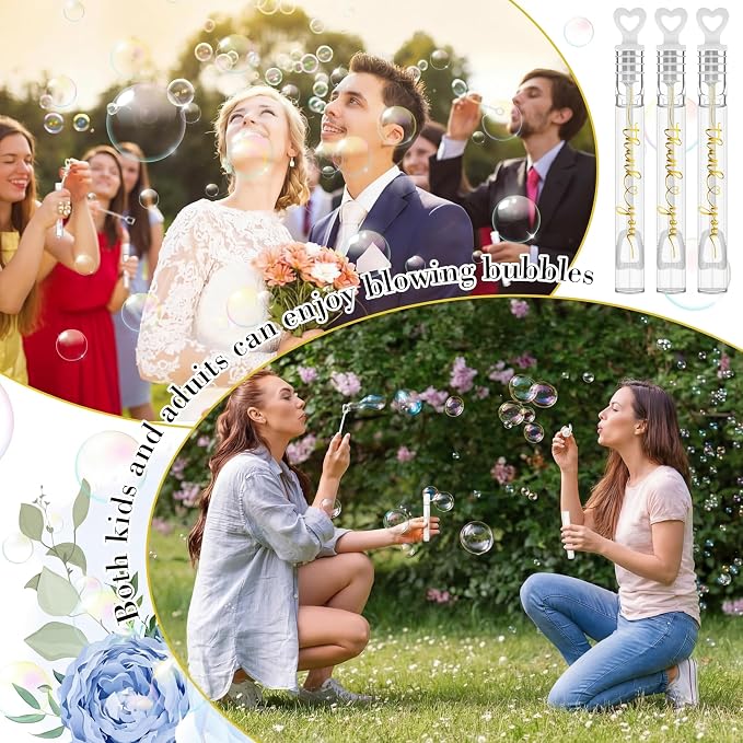 Hollowfly Wedding Mini Bubble Wands for a Wedding Bulk Heart Bubble for Guests Send Off Wand Adults Bridal Shower Party Supplies Valentine Anniversaries Celebration(60 Count,White Gold,Thank You)