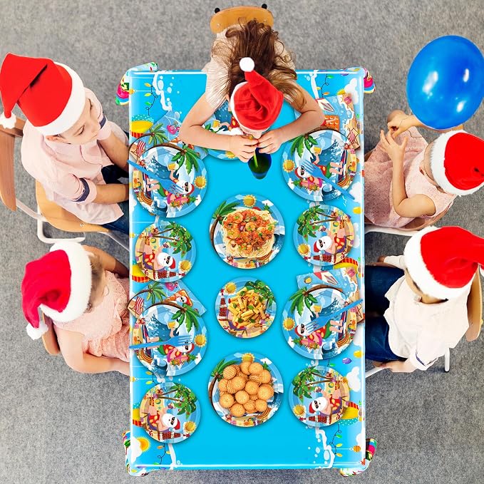 QZYL 122Pcs Summer Christmas Decorations, Tropical Beach Plates Party Supplies, Disposable Xmas in July Plates, Napkins, Cups, Forks and Tablecloth for Beach Pool Party, Serves 30 Guests