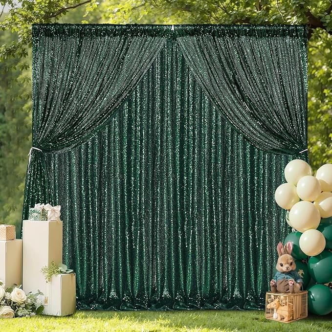 B-COOL Set of 6 Panels 2ftx8ft Emerald Green Sequin Backdrop Sparkle Background Curtains Fabric Glitter Backdrop for Party Ceremony Wedding Birthday Decoration