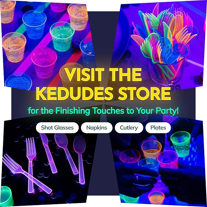Kedudes Neon Glow Party Supplies, Serves 32 - Hard Plastic Disposable Party Neon Plates, Napkins, Neon Cups Tumblers, Cutlery - Forks, Knives, Spoons - Neon Party Decorations - Fiesta Party Supplies