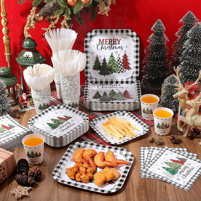 Ziliny 350 Pcs Christmas Party Supplies Christmas Tree Hanging Ball Party Tableware Set Square Paper Plates Disposable Napkins Cups Plastic Cutlery for Xmas Holiday Serves 50 Guests (Xmas Plaid Tree)