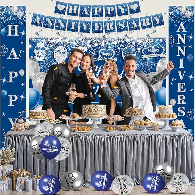 Blue Happy Anniversary Decorations for Men Women - Silver Banner Backdrop, Hanging Swirls, Porch Sign, Navy Balloons - Party Decor for Wedding Anniversary Supplies