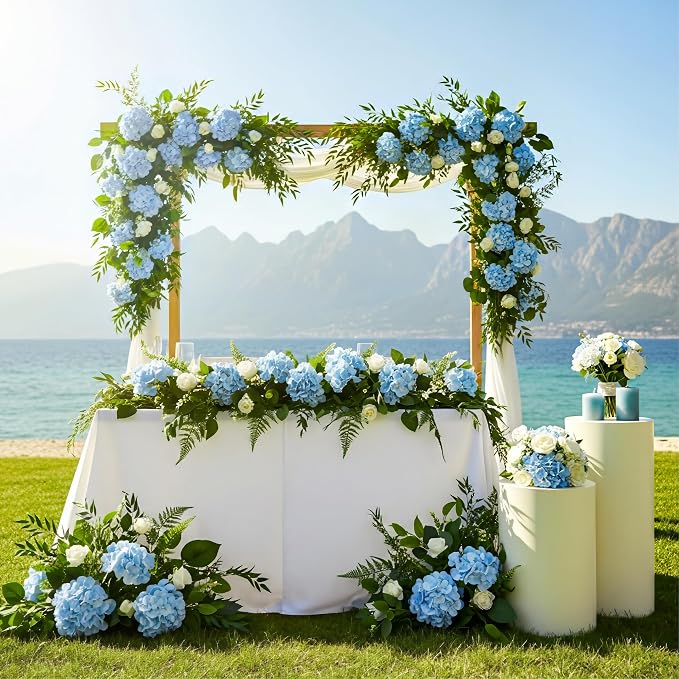 Auihiay 64pcs Blue Hydrangea Artificial Flowers, Artificial Hydrangea Flowers with Stems, Faux Hydrangea Flowers for Wedding Centerpieces, Baby Shower, Birthday Party Decoration