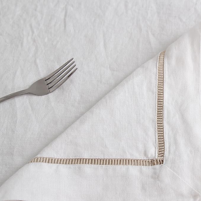 Linen World Hemstitch Linen Tablecloth,100% Natural French Flax,60x90Inch Handcrafted White-Natural Linen Table Cloth,Tabletop,Table Cloths for Kitchen,Dining,Daily Use(White-Natural)