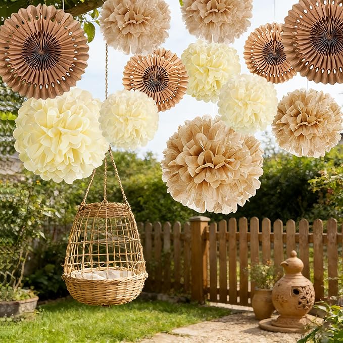 PAPER JAZZ 15 Pcs Wedding Decoration Vintage Beige Pompoms Decoration Brown Paper Fans Boho Party Decoration for Wedding Decoration Birthday Table Decoration Baby Shower