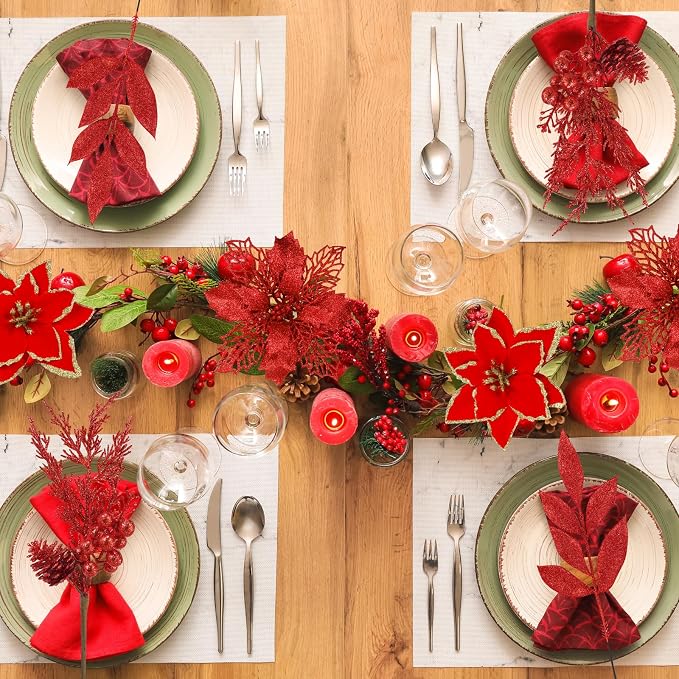 Winlyn 35 Pcs Christmas Artificial Poinsettia Flowers Picks and Artificial Leaves Sprays Red Glitter Christmas Picks for Red Christmas Tree Holiday Floral Arrangement Centerpiece Wreath Garland Décor