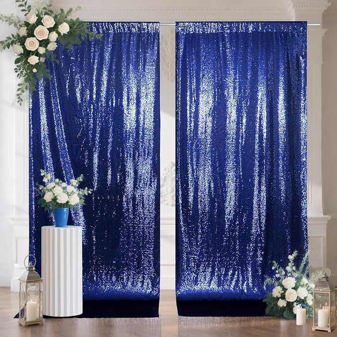 SquarePie 2 PCS 4x10ft Navy Blue Sequin Backdrop for Photography, Extra Long Satin-Backed Real Sequin Curtain, High-Density Shimmering Background with 4" Rod Pocket for Wedding Ceremony, 2 Panels