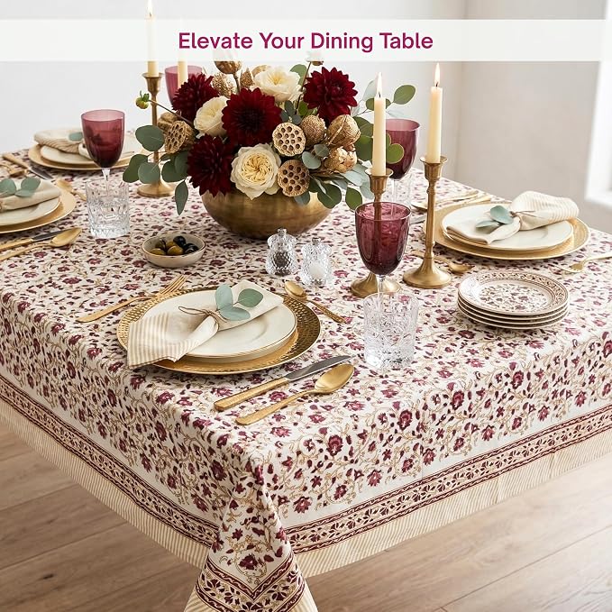 ATOSII Sophia 100% Cotton Rectangle Boho Spring Tablecloth, Handblock Floral Table Cloth Linen for Kitchen Dining I Parties Wedding Outdoors Farmhouse Grandmillennial I 60 X 108 Inches I 8 Seater