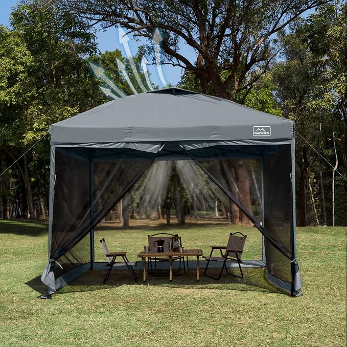 KAMPKEEPER 10x10 Pop-Up Canopy Tent, Waterproof Portable Shade with Screen Walls, Adjustable Instant Outdoor Shelter for Camping, Backyard, and Events, Dark Grey