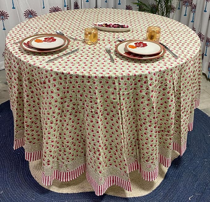Ridhi Round Tablecloth Hand Block Print 100% Cotton Reusable Cerise Pink, Olive Green 60 Inch Table Cover Decorative Everyday Use for Dining, Home, Wedding, Farmhouse Gift for Spring, Mother's Day