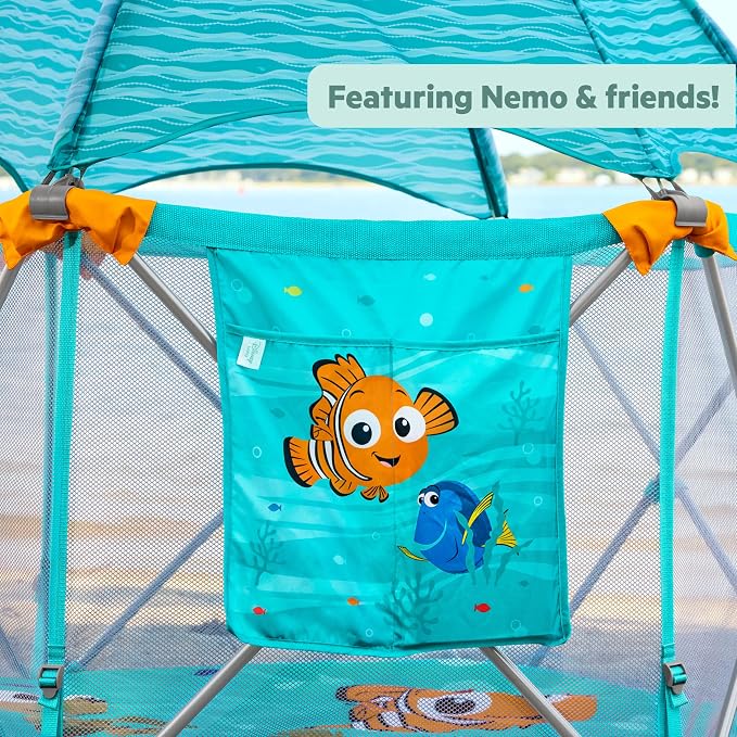 Bright Starts Disney Baby Finding Nemo Pop 'N Play Deluxe Portable Playard, Pop-and-Fold, Baby Beach Tent, UVA/UVB Protection, Indoor/Outdoor, 6 Months+