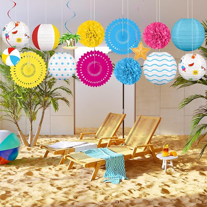 Renbuzhu 15Pcs Beach Party Decorations Paper Lanterns Fans Pom Poms Hanging Swirls Summer Pool Luau Hawaiian Tropical Decor Indoor Outdoor