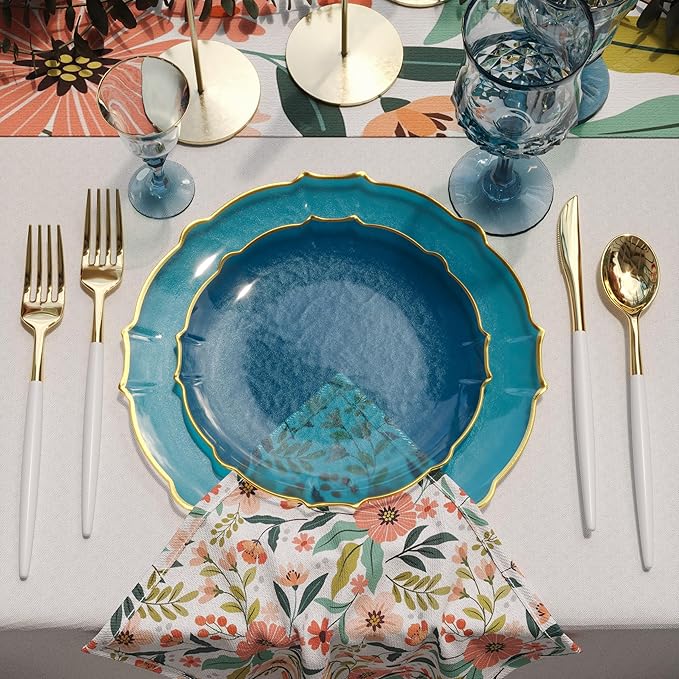 Exquisite Tinted Plates 80-Piece Plastic Disposable Party Set for 40 Guests - 40 X 7.5 Dessert Plates & 40 X 10 Thin Delicate Fancy Dinnerware with Peacock Gold Rim