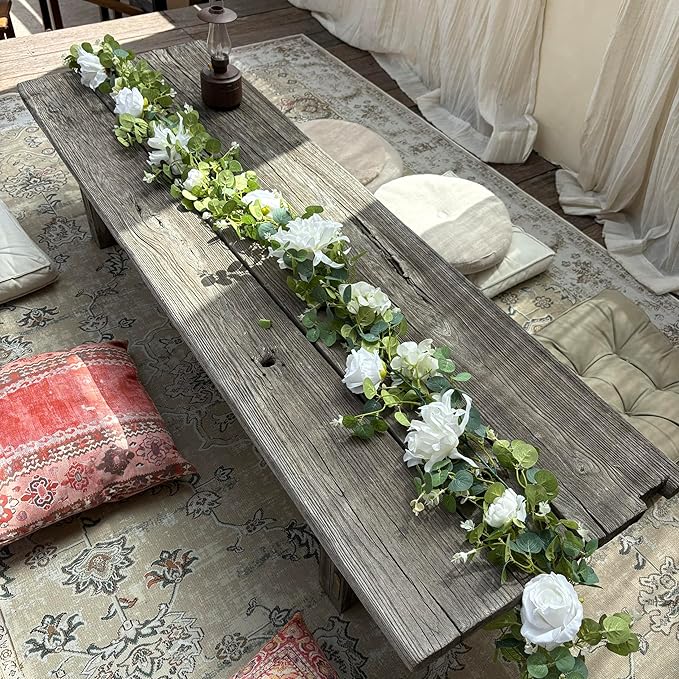 Artificial Flower Garland,6.5Ft Fake Dahlia Rose Flowers Garland Floral Eucalyptus Greenery Vine for Wedding Arch,Table Runner Centerpieces Backdrop Room Wall Hanging Plant Decor(White)