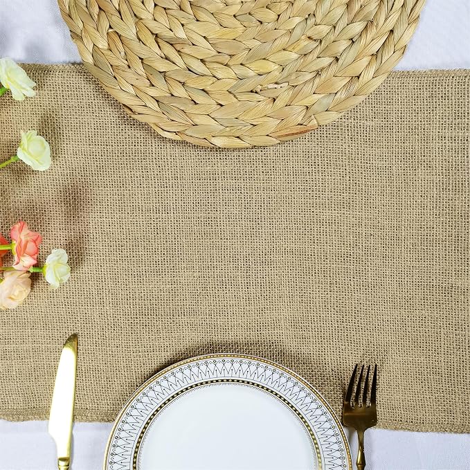 10 Pack 12 x 36 Inch Natural Burlap Table Runners,Rustic Jute Table Runner and Placemats Bulk for Western Wedding Table Decorations,Farmhouse Style Party,Holiday,Kitchen Table Decor