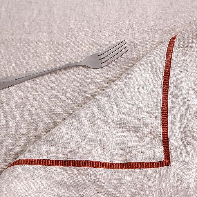 Linen World Hemstitch Linen Tablecloth,100% Natural French Flax,60x90Inch Handcrafted Natural-Rust Linen Table Cloth,Tabletop,Table Cloths for Kitchen,Dining,Daily Use