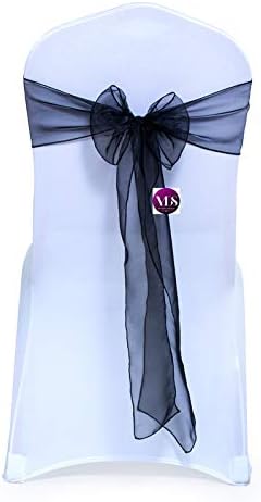VDS Pack of 25 Organza Chair Sashes for Weddings & Events Décor | Sheer Shiny Dining Chair Bows for Banquet, Party, Reception | Reusable Decorative Sash for Folding & Chiavari Chairs - Black