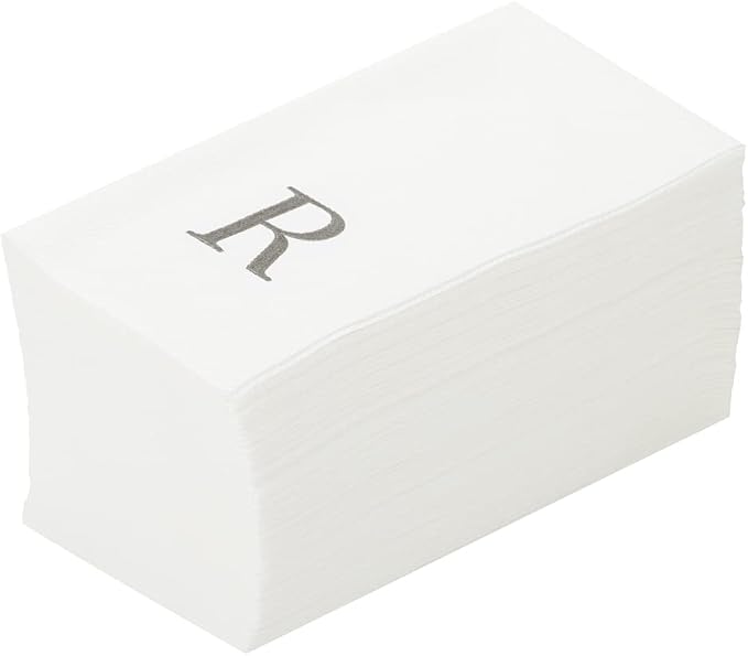 Luxenap 15.8 X 7.9 Inch Linen-Feel Guest Towels, 50 Lettered Hand Towels - Silver Letter 'R', Sans Serif Font, White Paper Dinner Napkins, airlaid, For Restrooms And Tables - Restaurantware