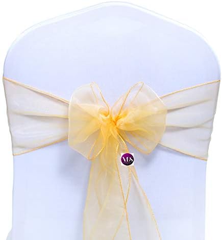 VDS Pack of 200 Organza Chair Sashes for Weddings & Events Décor | Sheer Shiny Dining Chair Bows for Banquet, Party, Reception | Reusable Decorative Sash for Folding & Chiavari Chairs - Gold