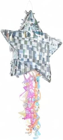 Sparkle and Bash Star Pinata with Pull Strings - Silver, 13 x 13 x 3 in - Space Theme Birthday Decoration & Baby Shower Supply - Pinatas with Pull Strings for Kids & Adults