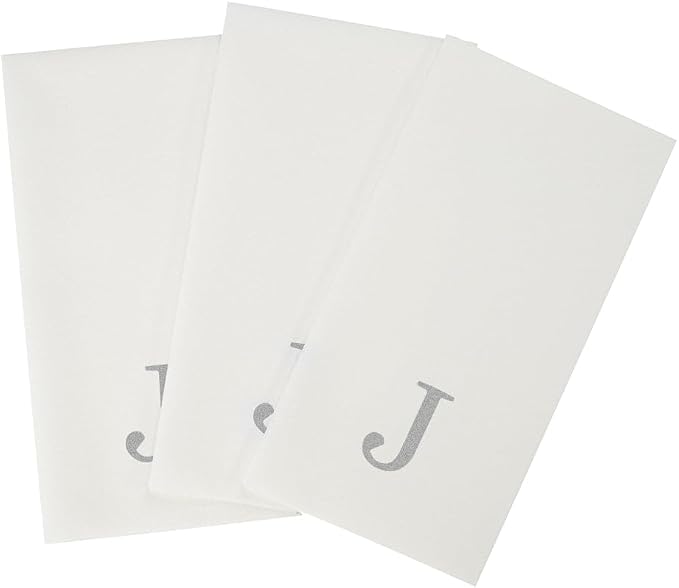 Luxenap 15.8 X 7.9 Inch Linen-Feel Guest Towels, 2000 Lettered Hand Towels - Silver Letter 'J', Sans Serif Font, White Paper Dinner Napkins, airlaid, For Restrooms And Tables - Restaurantware