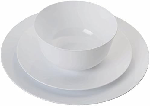 Trendables™ 60 - Pack Combo Premium Trend White Disposable Plastic Plates, Food Grade Plastic Dinner Plates Includes: 20 x 10.25" Dinner Plates - 20 x 8" Salad - 20 x 24 oz. Salad/Soup Bowls