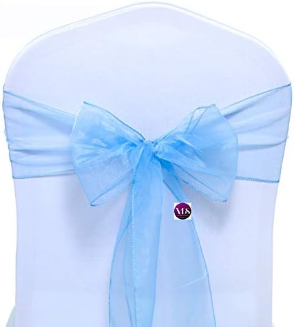 VDS Pack of 25 Organza Chair Sashes for Weddings & Events Décor | Sheer Shiny Dining Chair Bows for Banquet, Party, Reception | Reusable Decorative Sash for Folding & Chiavari Chairs - Baby Blue