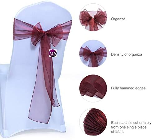 VDS Pack of 50 Organza Chair Sashes for Weddings & Events Décor | Sheer Shiny Dining Chair Bows for Banquet, Party, Reception | Reusable Decorative Sash for Folding & Chiavari Chairs - Burgundy