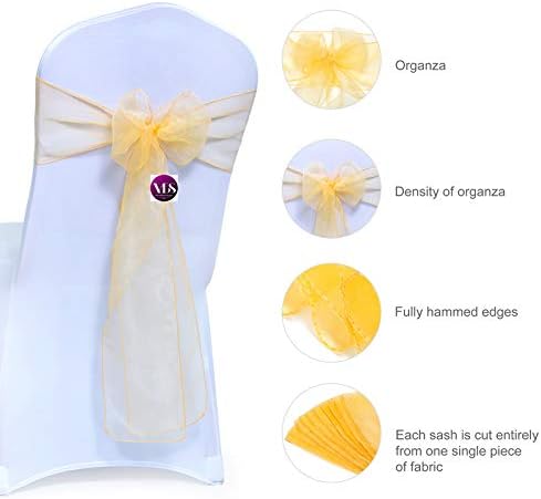 VDS Pack of 200 Organza Chair Sashes for Weddings & Events Décor | Sheer Shiny Dining Chair Bows for Banquet, Party, Reception | Reusable Decorative Sash for Folding & Chiavari Chairs - Gold