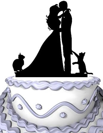 Meijiafei Kissing Couple with Two Cats Silhouette Wedding Cake Toppe
