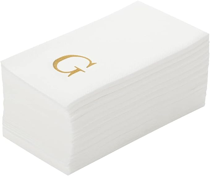 Luxenap 15.8 X 7.9 Inch Linen-Feel Guest Towels, 50 Lettered Hand Towels - Gold Letter 'G', Sans Serif Font, White Paper Dinner Napkins, airlaid, For Restrooms And Tables - Restaurantware