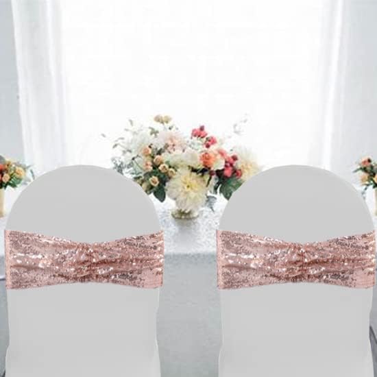 Eternal Beauty Set of 30 Rose Gold Chair Sashes Sequin Bands Bows Chair Sashes for Wedding Folding Chairs