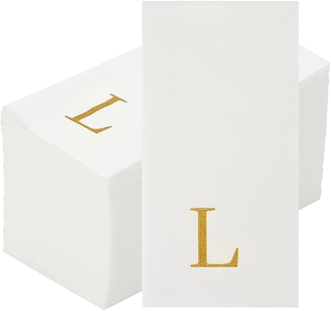 Luxenap 15.8 X 7.9 Inch Linen-Feel Guest Towels, 2000 Lettered Hand Towels - Gold Letter 'L', Sans Serif Font, White Paper Dinner Napkins, airlaid, For Restrooms And Tables