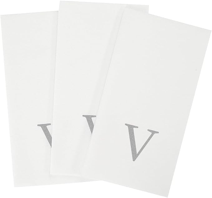 Luxenap 15.8 X 7.9 Inch Linen-Feel Guest Towels, 50 Lettered Hand Towels - Silver Letter 'V', Sans Serif Font, White Paper Dinner Napkins, airlaid, For Restrooms And Tables - Restaurantware