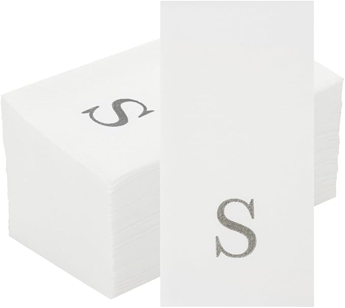Luxenap 15.8 X 7.9 Inch Linen-Feel Guest Towels, 50 Lettered Hand Towels - Silver Letter 'S', Sans Serif Font, White Paper Dinner Napkins, airlaid, For Restrooms And Tables - Restaurantware