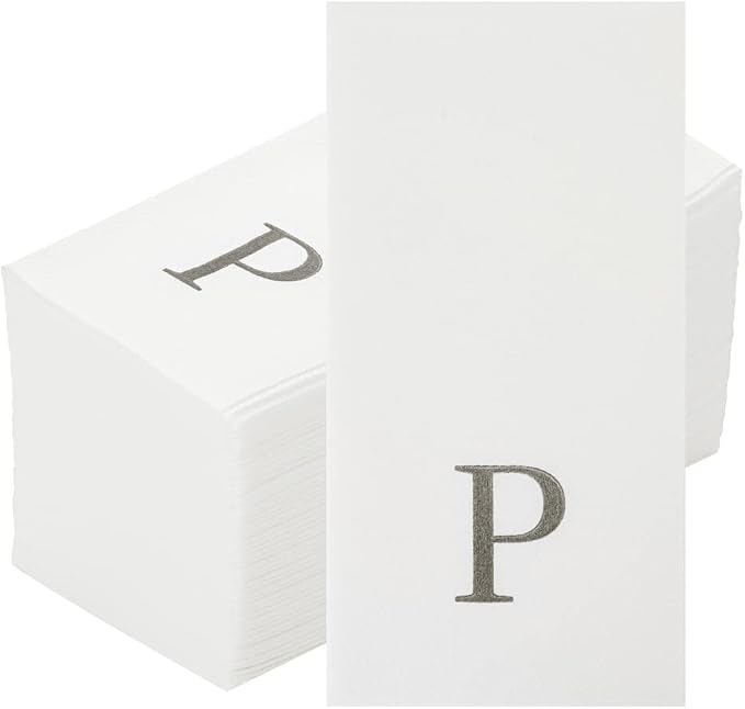 Luxenap 15.8 X 7.9 Inch Linen-Feel Guest Towels, 2000 Lettered Hand Towels - Silver Letter 'P', Sans Serif Font, White Paper Dinner Napkins, airlaid, For Restrooms And Tables - Restaurantware