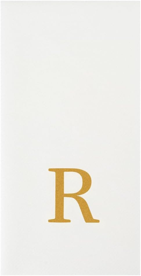 Luxenap 15.8 X 7.9 Inch Linen-Feel Guest Towels, 50 Lettered Hand Towels - Gold Letter 'R', Sans Serif Font, White Paper Dinner Napkins, airlaid, For Restrooms And Tables