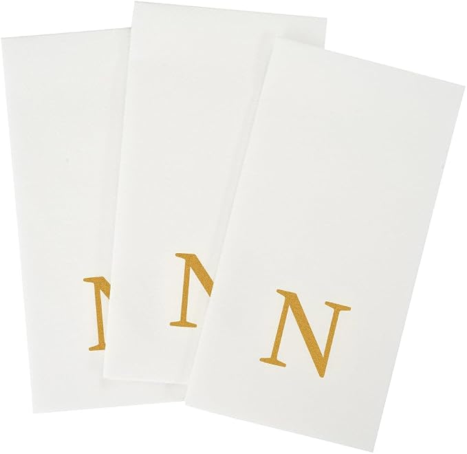 Luxenap 15.8 X 7.9 Inch Linen-Feel Guest Towels, 50 Lettered Hand Towels - Gold Letter 'N', Sans Serif Font, White Paper Dinner Napkins, airlaid, For Restrooms And Tables