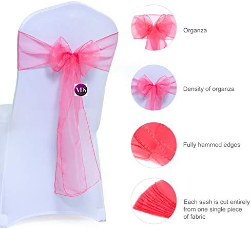 VDS Pack of 50 Organza Chair Sashes for Weddings & Events Décor | Sheer Shiny Dining Chair Bows for Banquet, Party, Reception | Reusable Decorative Sash for Folding & Chiavari Chairs - Coral