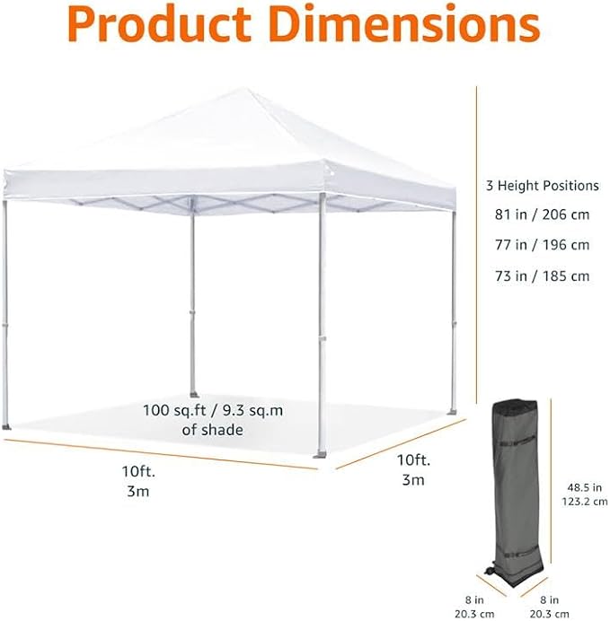 Amazon Basics Outdoor Pop Up 10 x 10 Canopy Tent for Events, Portable with Easy Setup, Sun Shelter, Includes Wheeled Carry Bag, 8 Pegs, 4 Ropes, 4 Weighted Bags, White